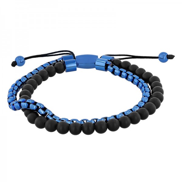 Men's Onyx Beaded Bolo Bracelet in Black Stainless Steel