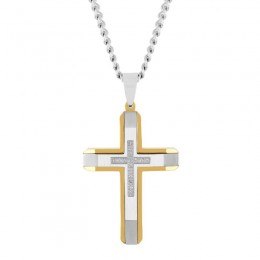 1/10 CTW Raised Yellow and White Stainless Steel Cross Pendant with White Diamonds