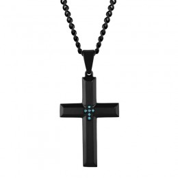 1/20 CTW Beveled Black Stainless Steel Cross Pendant with Blue Diamonds