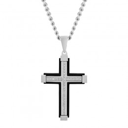 1/6 CTW Raised White and Black Stainless Steel Cross Pendant with White Diamonds
