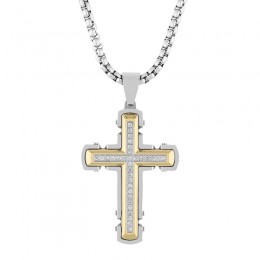 1/4 CTW Riveted Yellow and white Stainless Steel Cross Pendant with White Diamonds