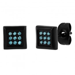 .10 CTW Stainless Steel W/Black Square Blue Diamond Earring