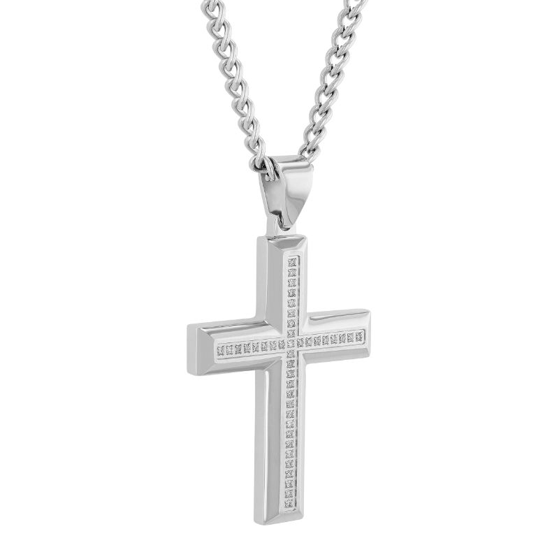 Squared Stainless Steel Cross Pendant with White Diamonds - TS16020