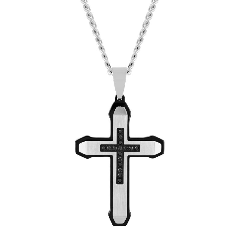 Rounded-Edge Stainless Steel Cross Pendant with Black Diamonds - TS17917