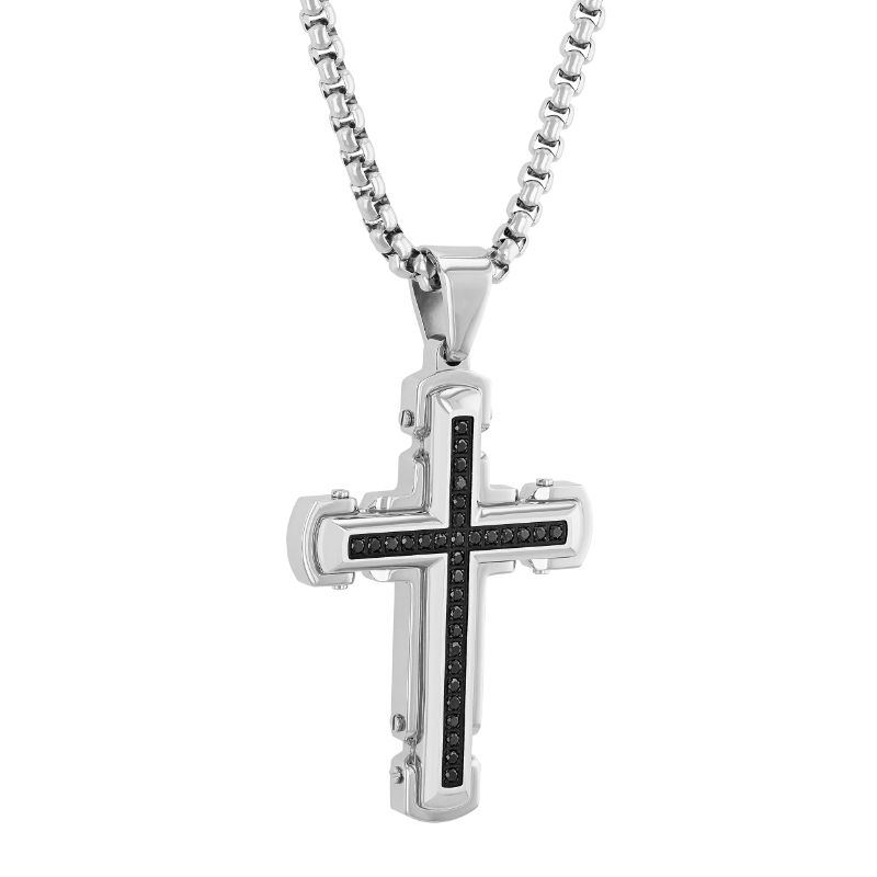 Riveted Stainless Steel Cross Pendant with Black Diamonds - TS17955